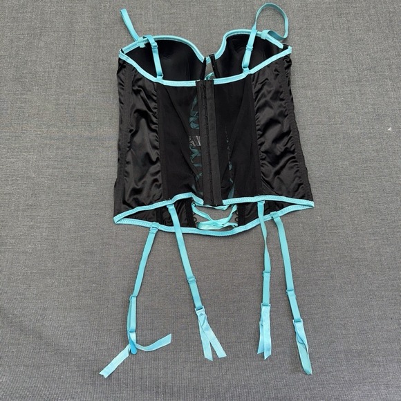 Y2K Corset Lingerie 36C/L Black Teal Ribbon Garter Punk Whimsigoth Dark Romantic - Picture 3 of 10